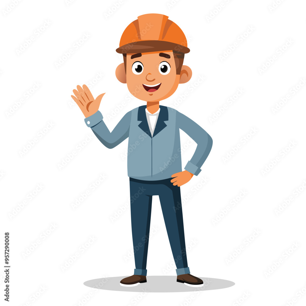 Cartoon Style Engineer Showing Wait Sign with Hand, Vector Illustration, Simple Character Design, Gesture Communication, Ideal for Websites, and Instructional Materials, Isolated on White Background Cartoon Style Engineer Showing Wait Sign with Hand, Vector Illustration, Simple Character Design, Gesture Communication, Ideal for Websites, and Instructional Materials, Isolated on White Background
