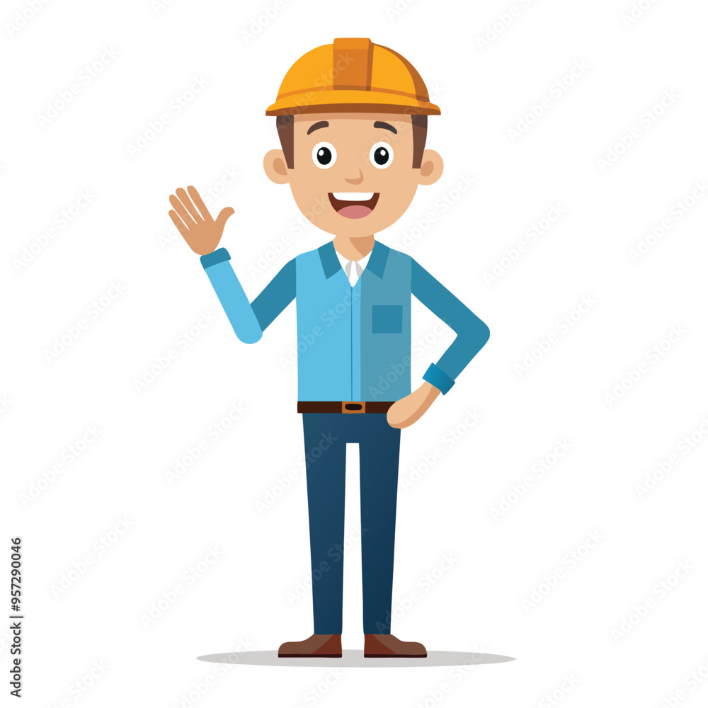 Cartoon Style Engineer Showing Wait Sign with Hand, Vector Illustration, Simple Character Design, Gesture Communication, Ideal for Websites, and Instructional Materials, Isolated on White Background Cartoon Style Engineer Showing Wait Sign with Hand, Vector Illustration, Simple Character Design, Gesture Communication, Ideal for Websites, and Instructional Materials, Isolated on White Background