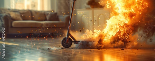 An electric scooter dramatically bursts into flames inside a modern living room, causing chaos.