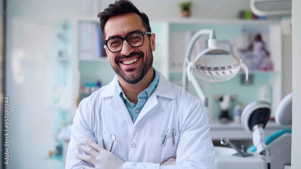 Smiling Dentist in Modern Dental Clinic with Medical Equipment and Bright Interior Smiling Dentist in Modern Dental Clinic with Medical Equipment and Bright Interior