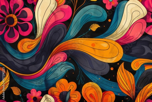 Colorful retro floral pattern flowing on black background
