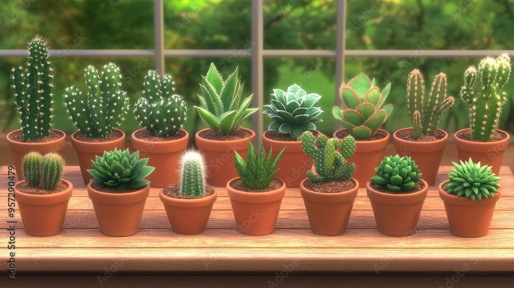 Tranquil 3D rendering of succulents and cacti in modern pots by a sunlit window in a serene indoor setting Tranquil 3D rendering of succulents and cacti in modern pots by a sunlit window in a serene indoor setting