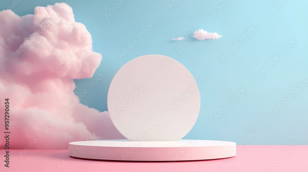 Fototapeta premium Abstract product display, round podium with pastel sky background, 3D illustration