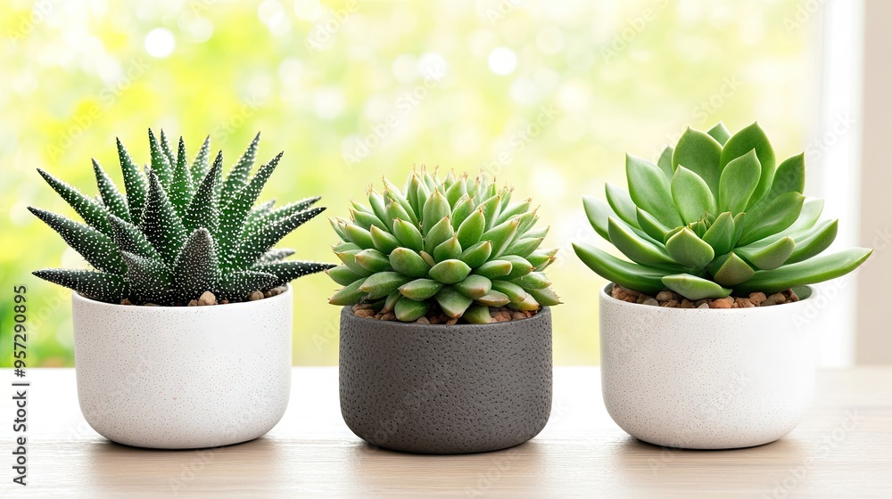 Tranquil 3D rendering of succulents and cacti in modern pots by a sunlit window in a serene indoor setting Tranquil 3D rendering of succulents and cacti in modern pots by a sunlit window in a serene indoor setting
