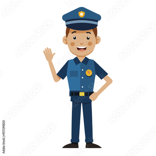 Cartoon Style Police Showing Wait Sign with Hand, Vector Illustration, Simple Character Design, Gesture Communication, Ideal for Websites, and Instructional Materials, Isolated on White Background