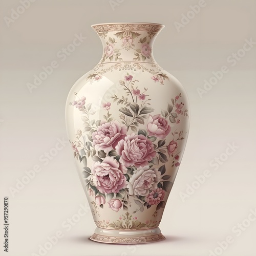 antique vintage beautiful ornate tall pink and gold floral painted ceramic vase, digital illustration clipart , hyper realistic retro old English