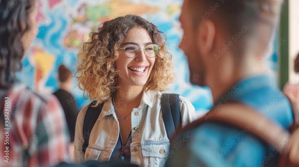 Diverse Group of Young Adults Engaging in Conversation with World Map Background Diverse Group of Young Adults Engaging in Conversation with World Map Background