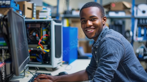 Young Technician Smiling While Working on Computer in Modern Office Environment