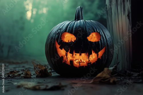 A black evil jack o' lantern glows in the fog of a haunted halloween night. A sinister scary looking pumpkin in a forest. copyspace for custom message photo