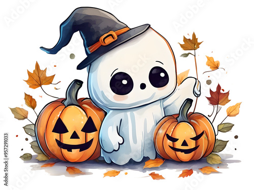 Charming Halloween Ghost with Little Pumpkin Friend: Cute & Spooky Watercolor Clip Art