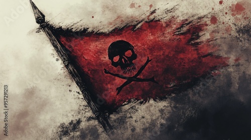 Pirate flag, tattered and waving in the wind, eerie atmosphere, Watercolor style photo