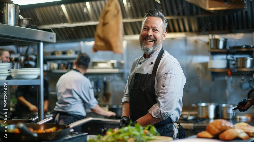 Professional Chef Smiling in a Busy Modern Restaurant Kitchen with Fresh Ingredients and Culinary Tools Professional Chef Smiling in a Busy Modern Restaurant Kitchen with Fresh Ingredients and Culinary Tools