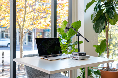 a mobile podcast setup, mdoern and clean workspace photo