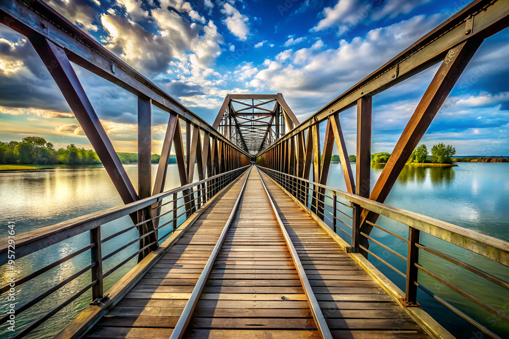 A bridge spans a river with a train track running across it. The bridge is wooden and has a metal railing. The sky is blue with some clouds, and the sun is setting. The water below the bridge is calm A bridge spans a river with a train track running across it. The bridge is wooden and has a metal railing. The sky is blue with some clouds, and the sun is setting. The water below the bridge is calm
