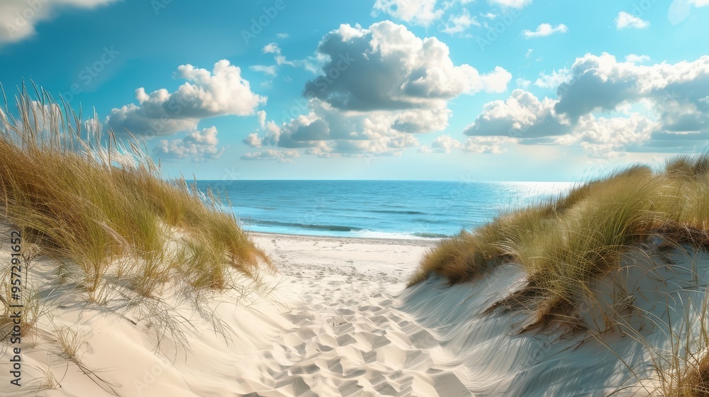 A serene beach scene, featuring golden sand dunes, sea, and a blue sky dotted with clouds. Perfect for nature and landscape themes. A serene beach scene, featuring golden sand dunes, sea, and a blue sky dotted with clouds. Perfect for nature and landscape themes.