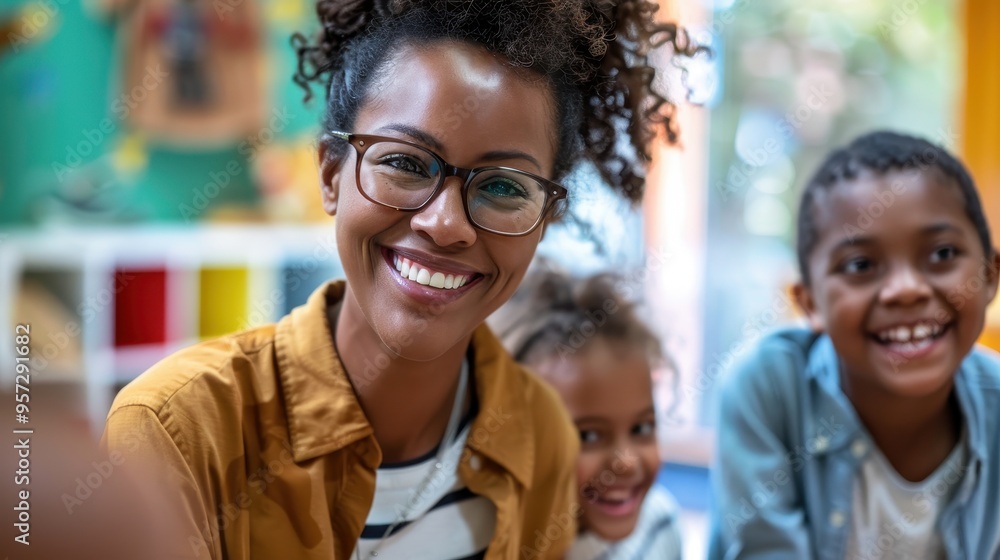 Happy Teacher with Children in Classroom Setting, Smiling and Engaging with Students, Education and Learning Concept Happy Teacher with Children in Classroom Setting, Smiling and Engaging with Students, Education and Learning Concept