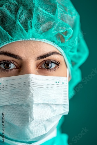 Close-up of a female surgeon in a mask and protective gear, her eyes sharp and focused, epitomizing skill and concentration in the operating room