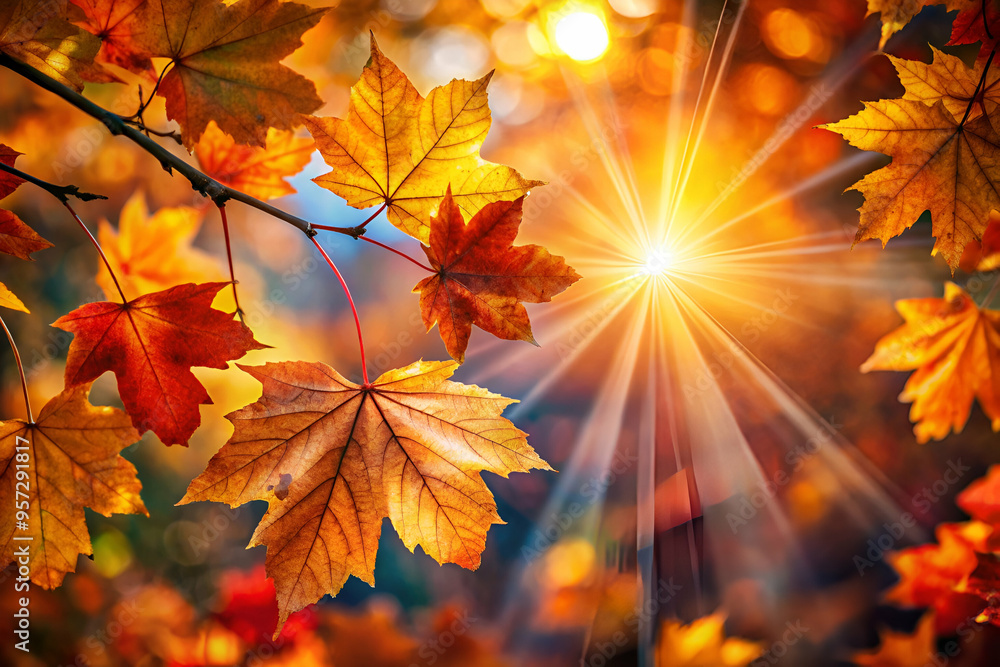 A tree branch with leaves that are orange and yellow. The sun is shining on the leaves, making them look even more vibrant A tree branch with leaves that are orange and yellow. The sun is shining on the leaves, making them look even more vibrant