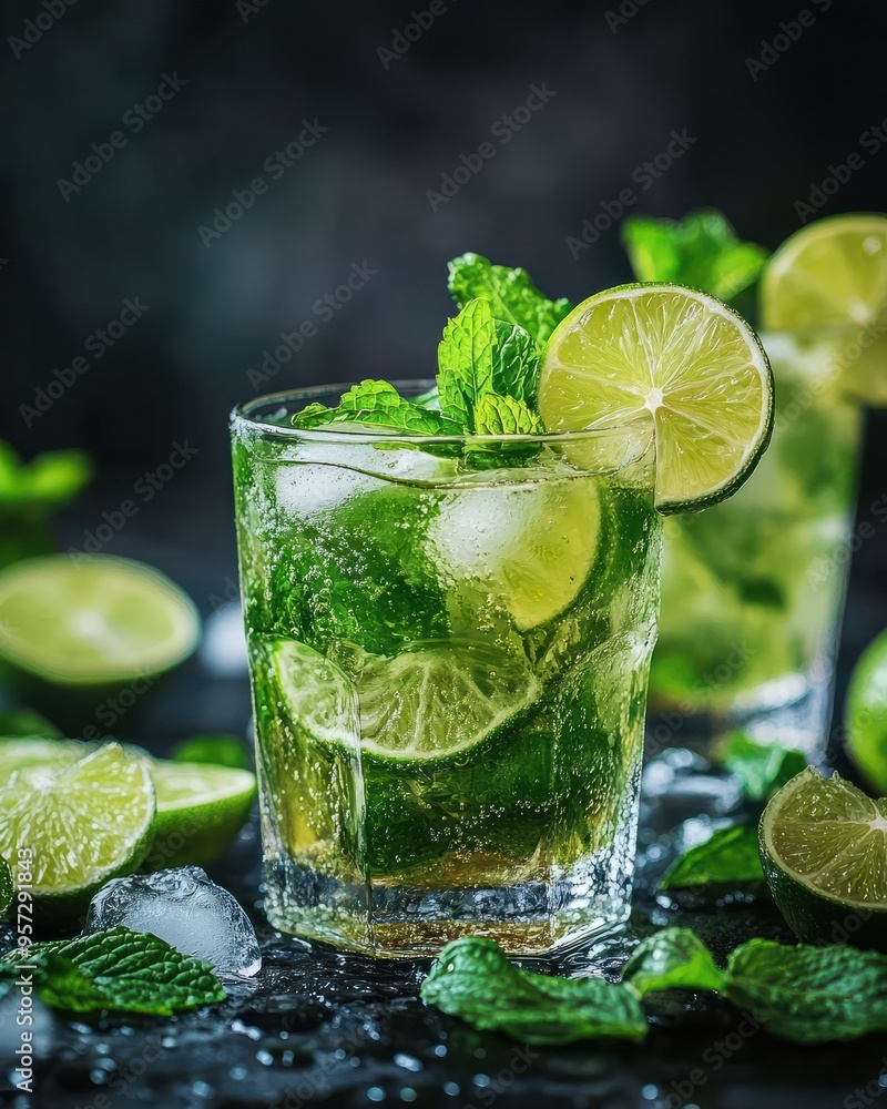 A glass of virgin mojito with fresh mint and lime wedges A glass of virgin mojito with fresh mint and lime wedges