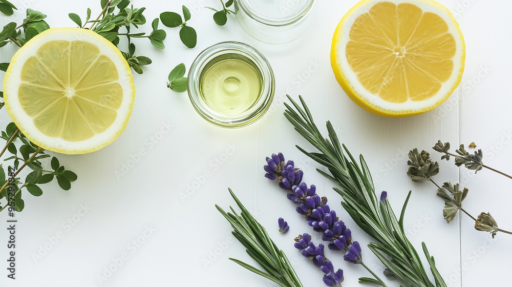 Fresh lemon halves sit beside vibrant herbs and small glass containers filled with essential oils, creating an inviting display of natural wellness ingredients Fresh lemon halves sit beside vibrant herbs and small glass containers filled with essential oils, creating an inviting display of natural wellness ingredients