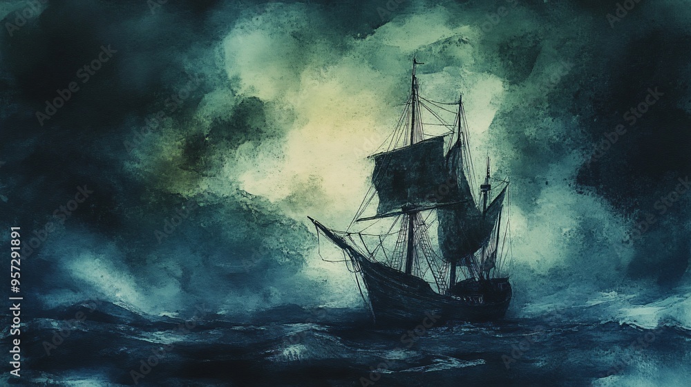 Ghost ship, sailing through a stormy night, spectral glow, Watercolor style Ghost ship, sailing through a stormy night, spectral glow, Watercolor style