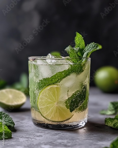 A glass of virgin mojito with fresh mint and lime wedges