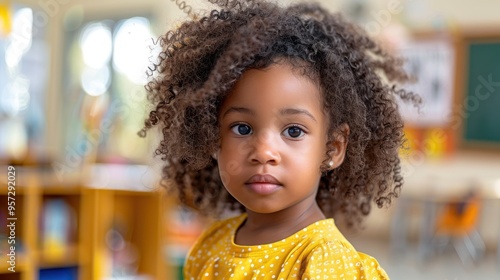 An African American girl with curly hair in a yellow polka dot dress stands indoors at an elementary school and looks at the camera.