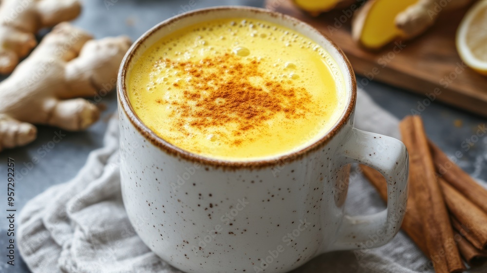 A golden milk with turmeric, ginger, and a sprinkle of cinnamon A golden milk with turmeric, ginger, and a sprinkle of cinnamon