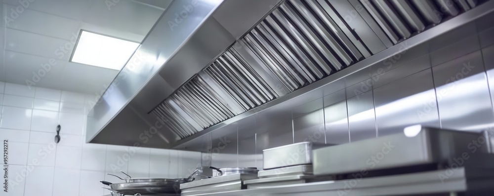 A modern kitchen hood in a professional kitchen, showcasing stainless steel equipment and clean design for efficient cooking. A modern kitchen hood in a professional kitchen, showcasing stainless steel equipment and clean design for efficient cooking.