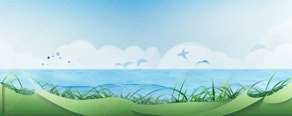 Obraz premium Eco green paper texture landscape. Blue sky and green grass wide banner. copy space for your text.