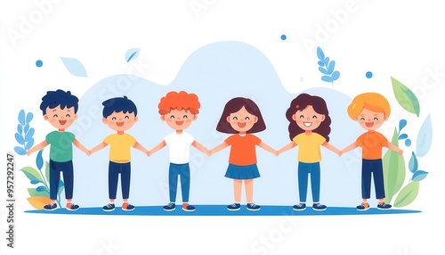 Kids standing united against bullying, helping each other, flat design illustration