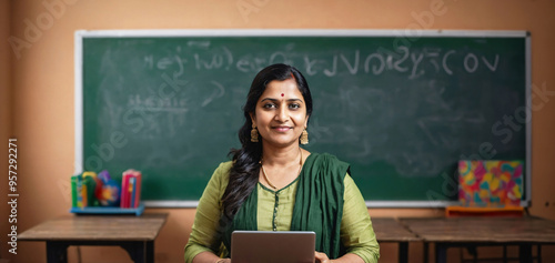 Happy Indian woman teacher in school classroom with tablet and chalkboard. Indian woman and school education