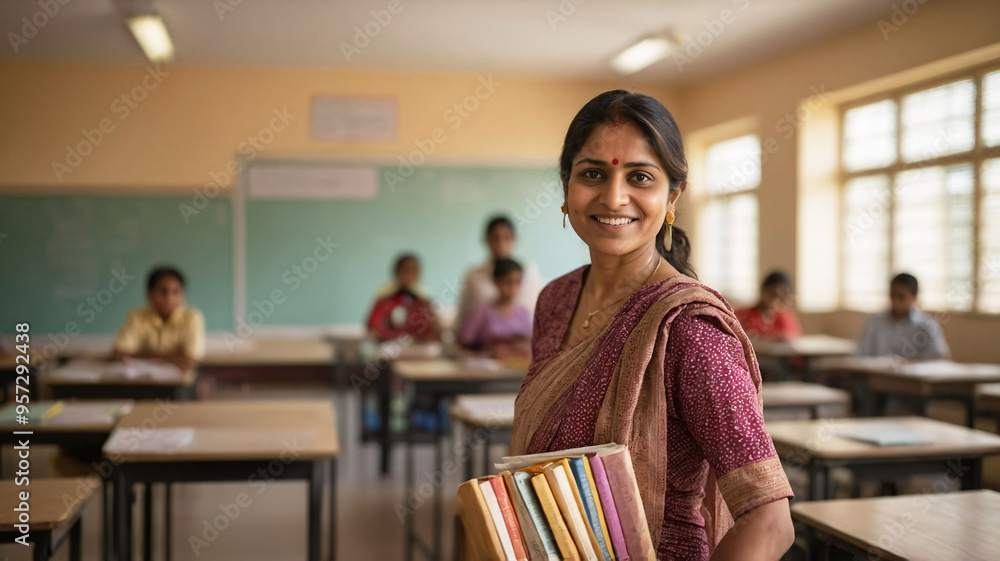 Fototapeta premium Indian woman teacher is standing in school classroom with children, chalkboard and books. Indian woman and school education 