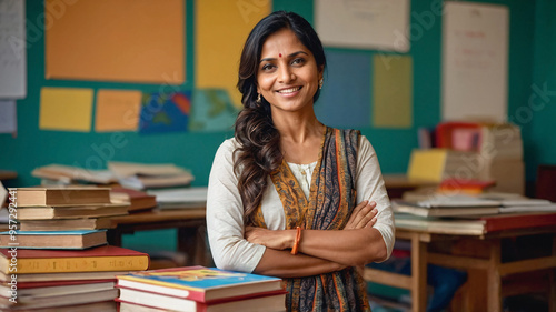 Happy Indian woman teacher in school classroom with stack of books. Indian woman and school education	