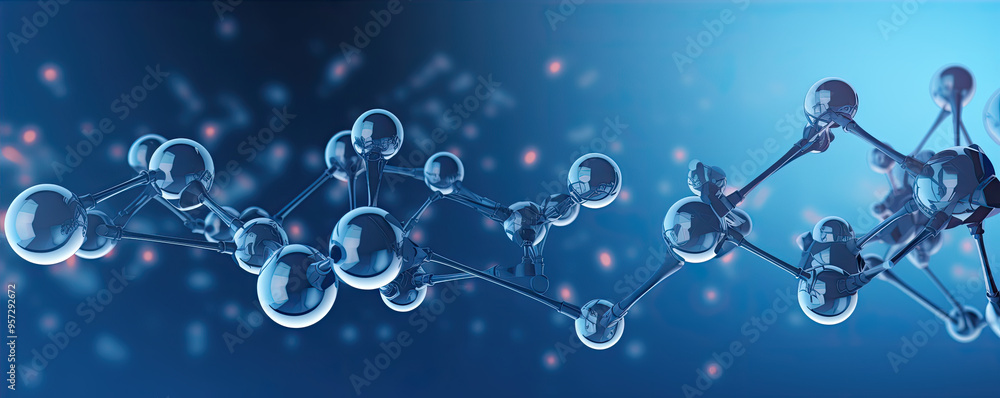 Science with blue molecule or atoms connected , Abstract structure for medical use, 3d illustration or cartoon style. wide banner