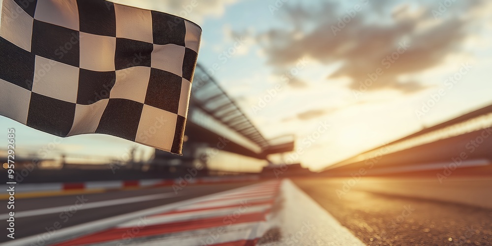 A checkered flag is being waved from a gantry above the track, with a racing track in the background A checkered flag is being waved from a gantry above the track, with a racing track in the background