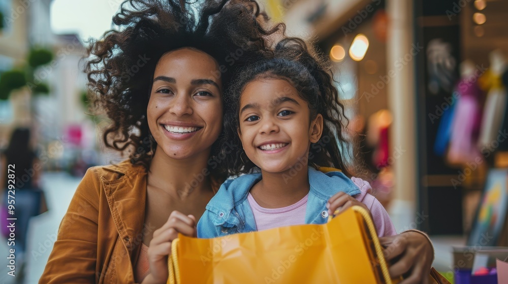 Mother and Daughter Smiling While Shopping Outdoors in a Vibrant Urban Setting Mother and Daughter Smiling While Shopping Outdoors in a Vibrant Urban Setting