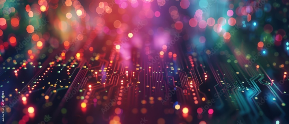 A vibrant, wide-angle perspective of a luminous circuitry pathway accentuated by neon light highlights. A vibrant, wide-angle perspective of a luminous circuitry pathway accentuated by neon light highlights.