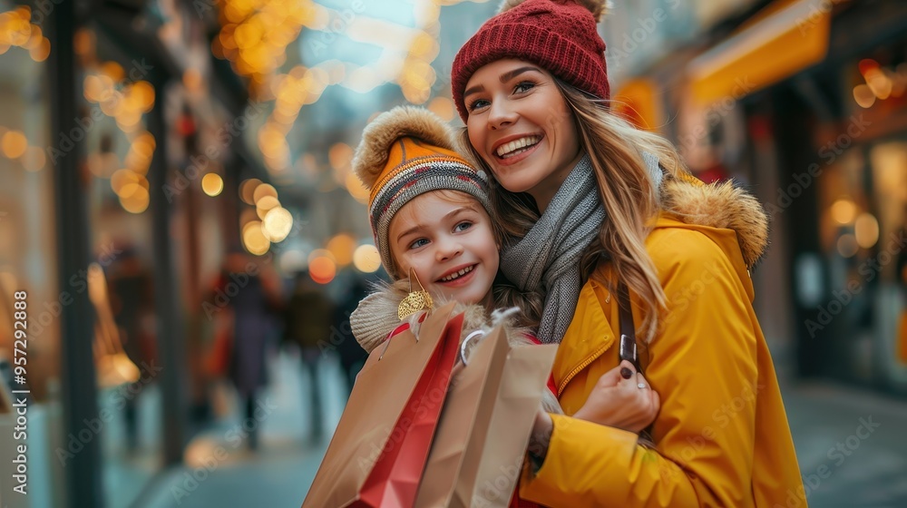 Joyful Mother and Daughter Shopping in Festive Winter Street with Holiday Lights Joyful Mother and Daughter Shopping in Festive Winter Street with Holiday Lights