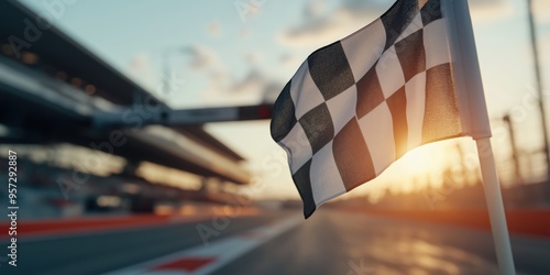 A checkered flag is being waved from a gantry above the track, with a racing track in the background photo