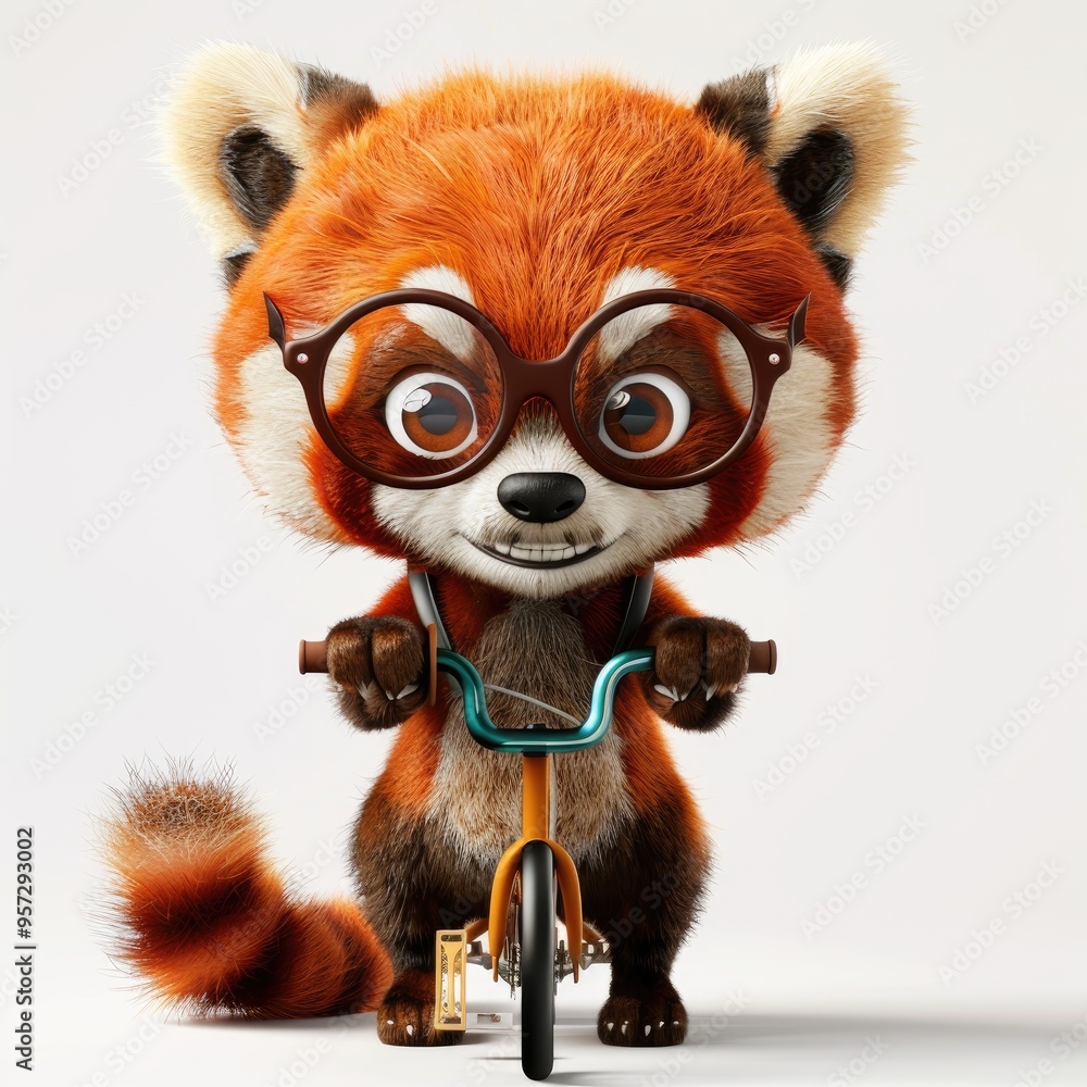 3d funny cartoon red panda with glasses on a bicycle close-up, isolated on a white background. Cheerful character, illustration for advertising children's bicycles, print on fabric, paper. 3d funny cartoon red panda with glasses on a bicycle close-up, isolated on a white background. Cheerful character, illustration for advertising children's bicycles, print on fabric, paper.