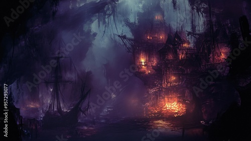 Haunted pirate hideout, glowing treasure, eerie mist, Watercolor style photo