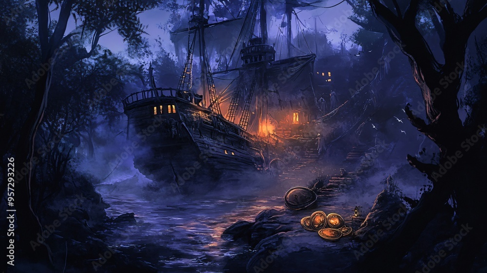 Fototapeta premium Haunted pirate hideout, glowing treasure, eerie mist, Watercolor style