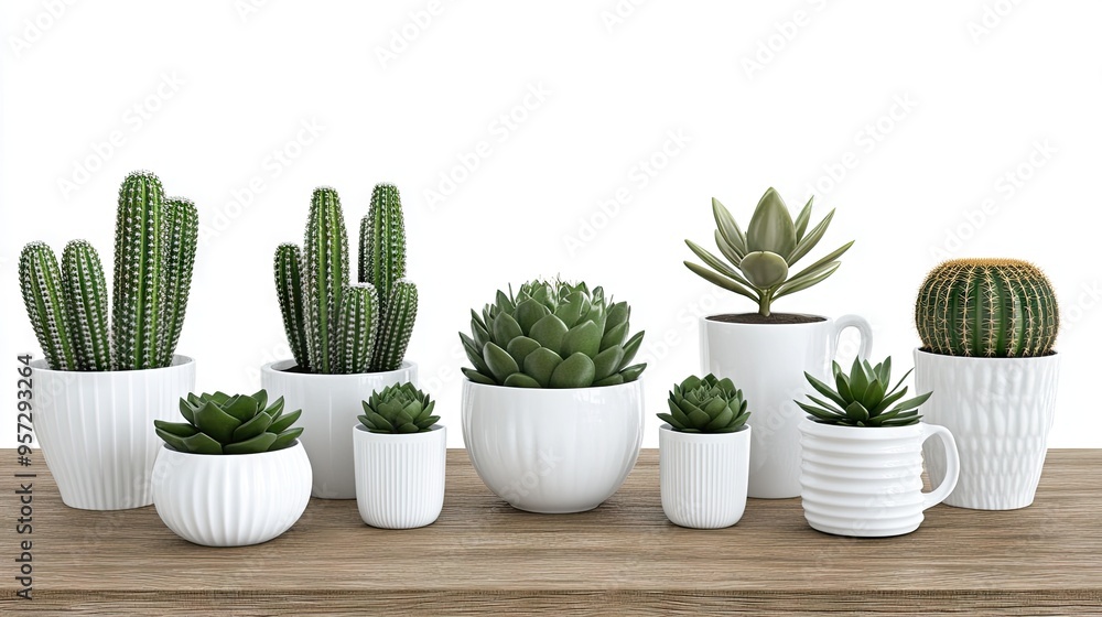 Obraz premium Tranquil 3D rendering of succulents and cacti in modern pots by a sunlit window in a serene indoor setting