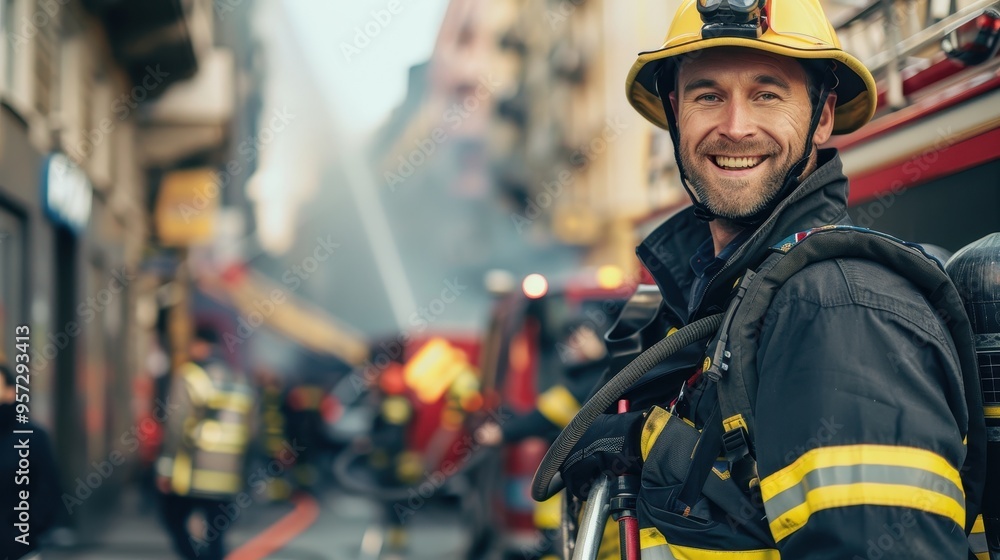 Fototapeta premium Smiling Firefighter in Full Gear with Fire Truck and Smoke in Background on City Street