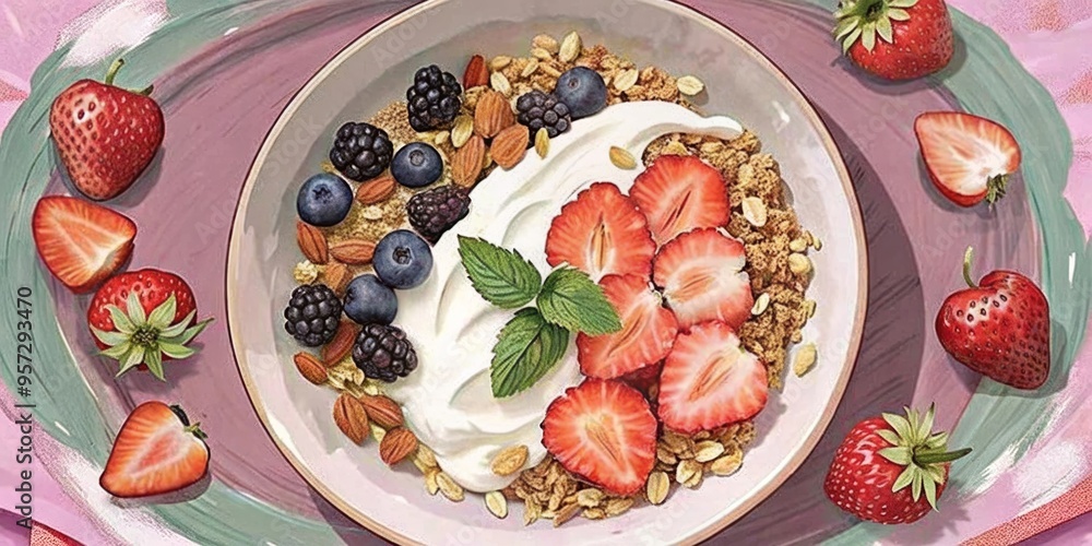 Colorful illustration featuring a nutritious and delicious breakfast bowl packed with yogurt, berries, and grains, ideal for encouraging a well-rounded diet Colorful illustration featuring a nutritious and delicious breakfast bowl packed with yogurt, berries, and grains, ideal for encouraging a well-rounded diet