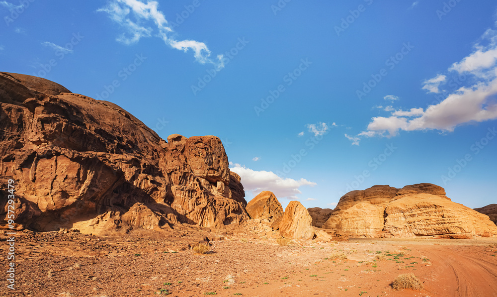 Red orange sandstone rocks formations in Wadi Rum desert, vehicle tire prints in sand road near Red orange sandstone rocks formations in Wadi Rum desert, vehicle tire prints in sand road near