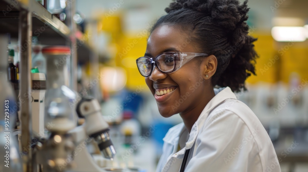 Smiling Female Scientist Working in Laboratory with Microscope and Scientific Equipment Smiling Female Scientist Working in Laboratory with Microscope and Scientific Equipment