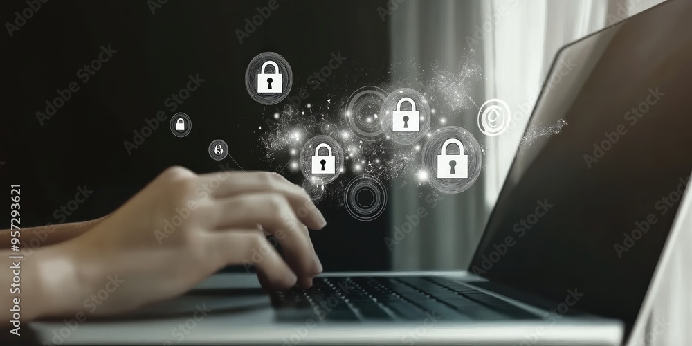 internet security concept or cybersecurity, a laptop with padlock icons floating above it, representing online security and data protection internet security concept or cybersecurity, a laptop with padlock icons floating above it, representing online security and data protection