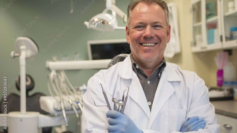 Friendly Male Dentist in Modern Dental Clinic Holding Dental Tools and Smiling Confidently Friendly Male Dentist in Modern Dental Clinic Holding Dental Tools and Smiling Confidently